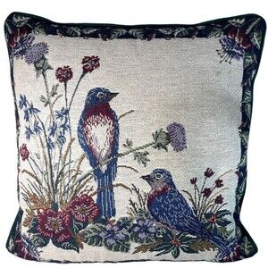 Vtg Riverdale Blue Birds Tapestry Throw Pillow 16" Cottage Woven USA Nature Bird